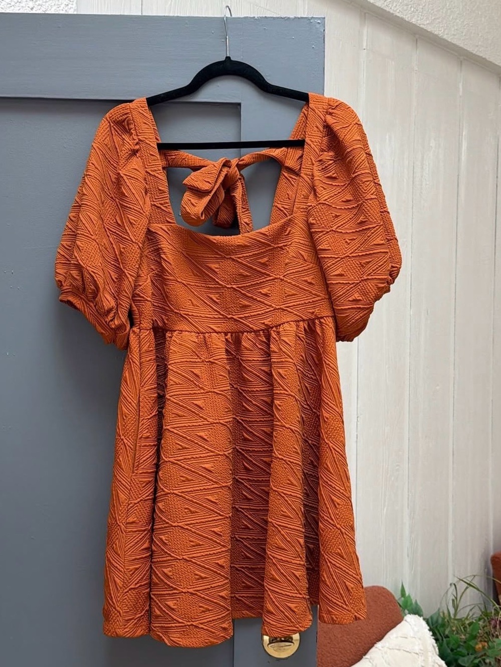 Free People Textured Orange Puff Sleeve Mini Dress with Back Tie